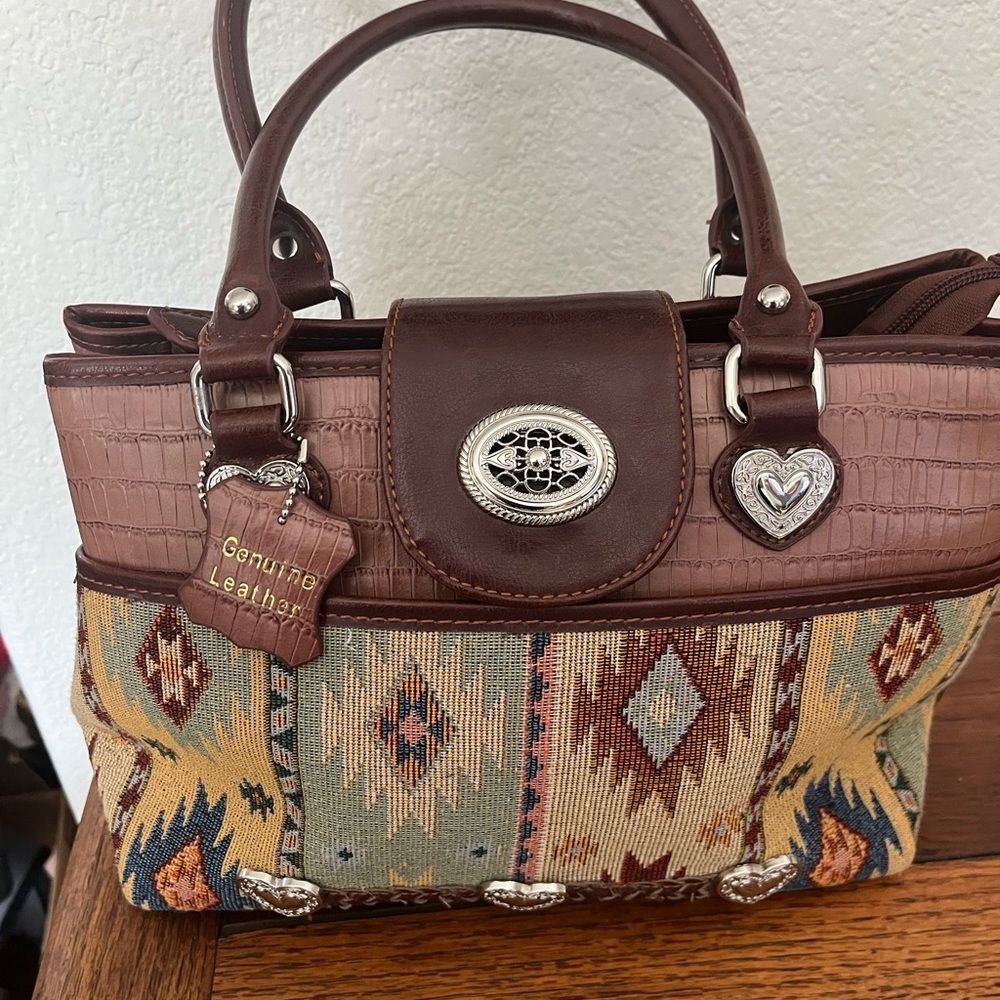 Stunning Vintage Texas Leather Manufacturing Brown Southwest Aztec Shoulder Bag